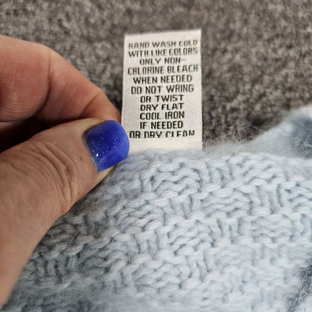 Vtg Tweeds‎ Angora Lambswool Baby Blue Cable Knit V Neck Sweater Crochet Hem PL - Picture 5 of 7